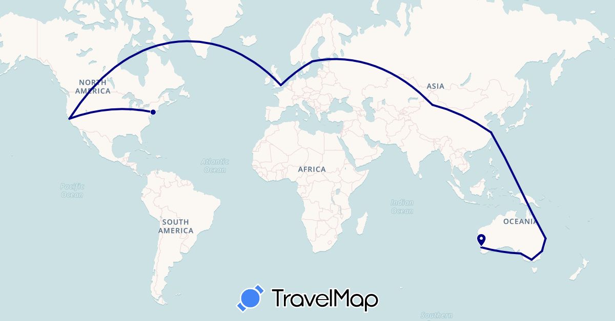 TravelMap itinerary: driving in Australia, China, United Kingdom, Sweden, United States (Asia, Europe, North America, Oceania)